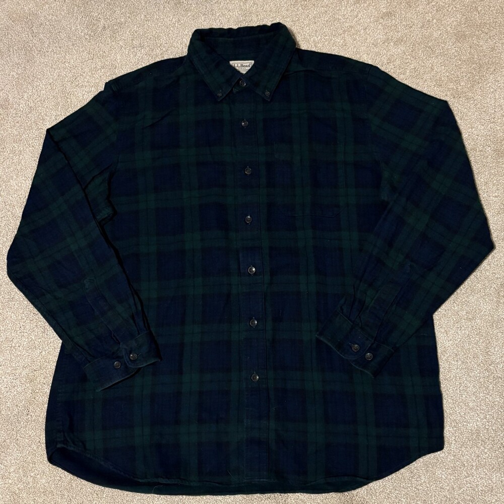 VTG LL Bean Mens Sz L Flannel Shirt Button Down Green Blue Plaid 100% Cotton 90s